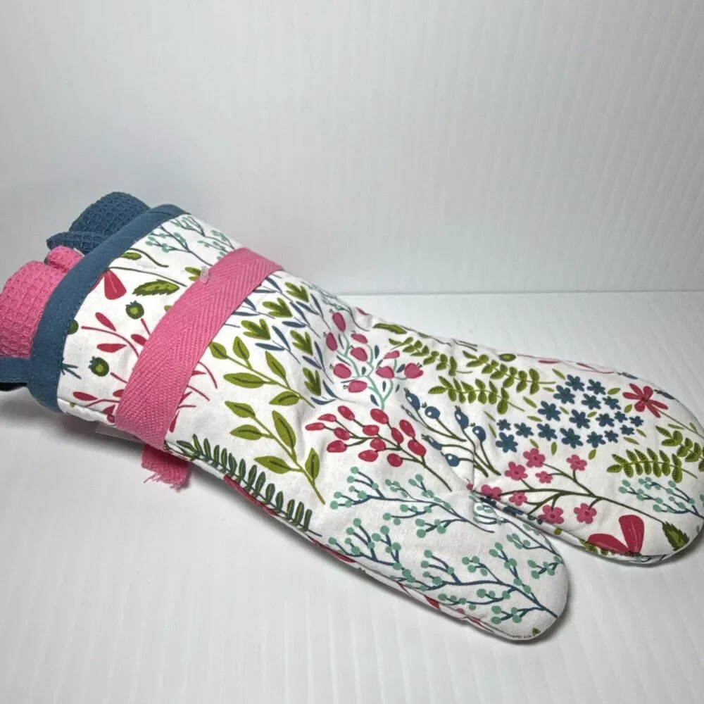 Floral Cotton Oven Mitt & 2 Tea Towels Set, Hanging Loop, Country Style